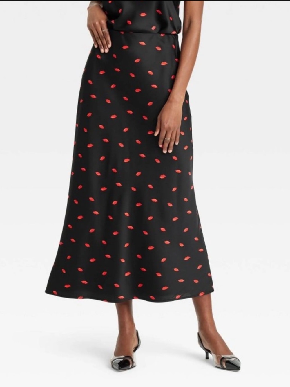 Black Midi Skirt with Red Lip Print